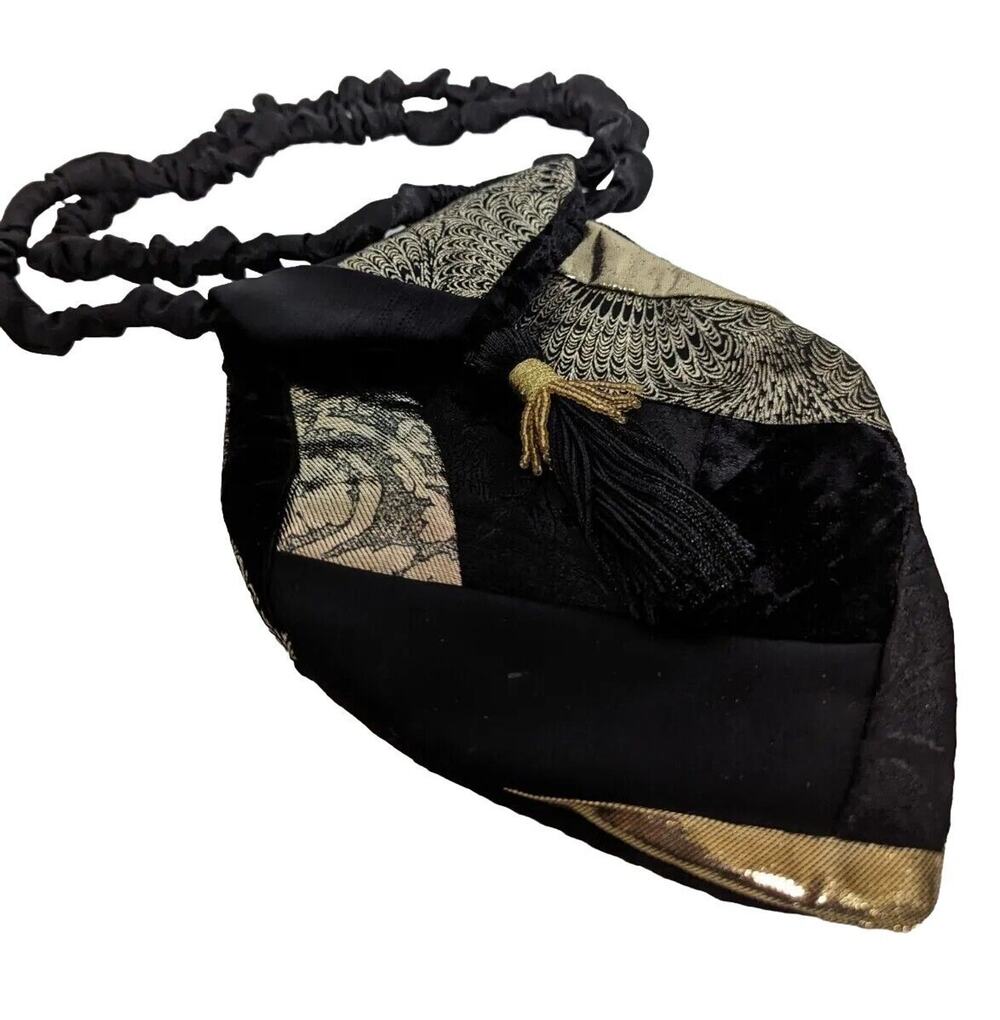 Vtge Evening Purse.holds Phone 3" X 6"Black + Gold Soft Fabric Designer
